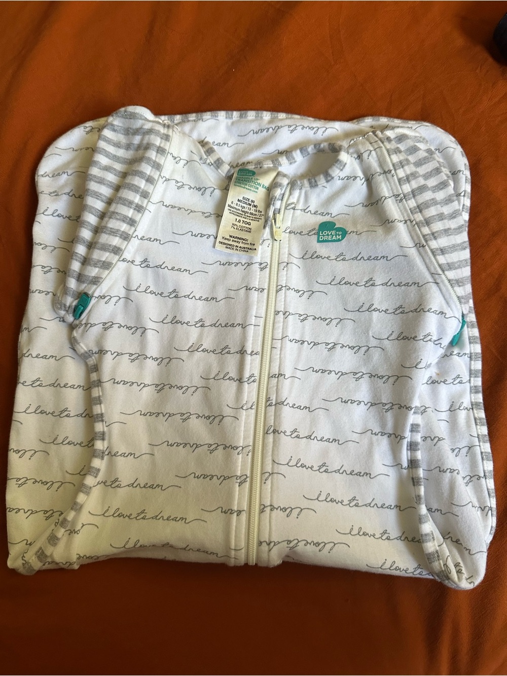 Love to Dream White Sleep Sack with Gray Script and Stripes